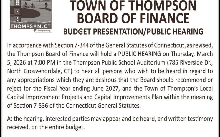 Notice of Board of Finance Special Meeting Budget Presentation-Public Hearing